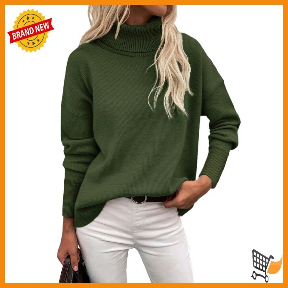 Women's Chunky Knit Turtleneck Sweater Oversized Pullover High Low Hem